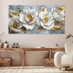 Elegant Style Canvas Poster Prints Art, Frameless Modern Floral Wall Arts Decor, White Flowers with Golden Accents for Livin