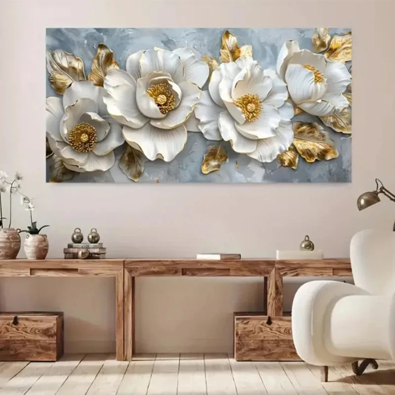 Elegant Style Canvas Poster Prints Art, Frameless Modern Floral Wall Arts Decor, White Flowers with Golden Accents for Livin