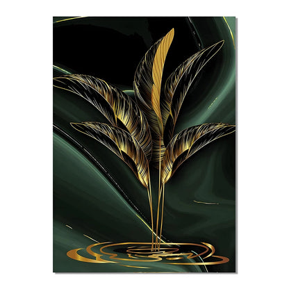 Tropical Green Golden Leaf Wall Art Fine Art Canvas Prints - Modern Botanical Art For Living Room Dining Room Art For Home Office Interiors