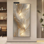 White & Gold Feather Wall Art – Soft Glowing Luxury Design – Large Unframed Canvas Print for Modern Office & Contemporary Home Décor