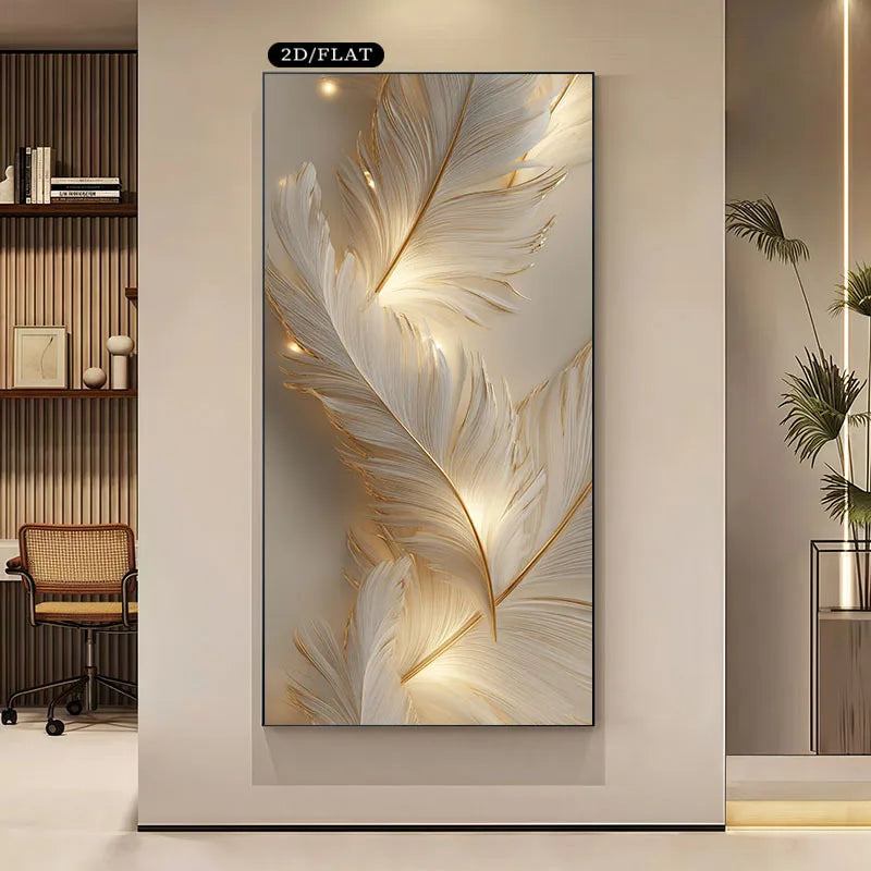 White & Gold Feather Wall Art – Soft Glowing Luxury Design – Large Unframed Canvas Print for Modern Office & Contemporary Home Décor