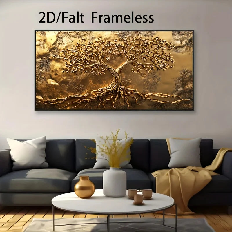 Golden Tree of Life Unframed Canvas Print Wall Art – Auspicious Abstract Botanical Artwork for Modern Living Room & Contemporary Home Decor