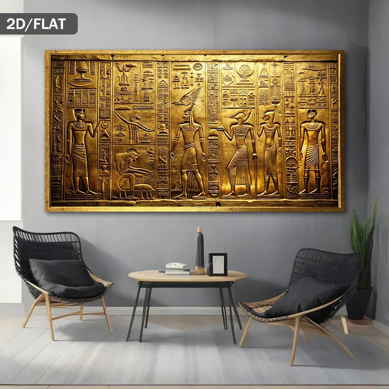 Luxury Egyptian Hieroglyphics Canvas Wall Art – Gold 2D Flat Ancient Pharaoh Figures & Symbolic Motifs for Modern Living Room & Apartments