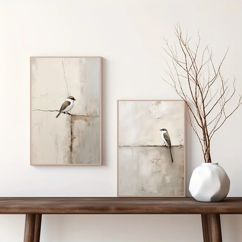 Neutral Bird Wall Art Set – Soft Beige & Gray Minimalist Bird Illustration Prints – Modern Artworks for Living Room, Entryway & Bedroom Decor