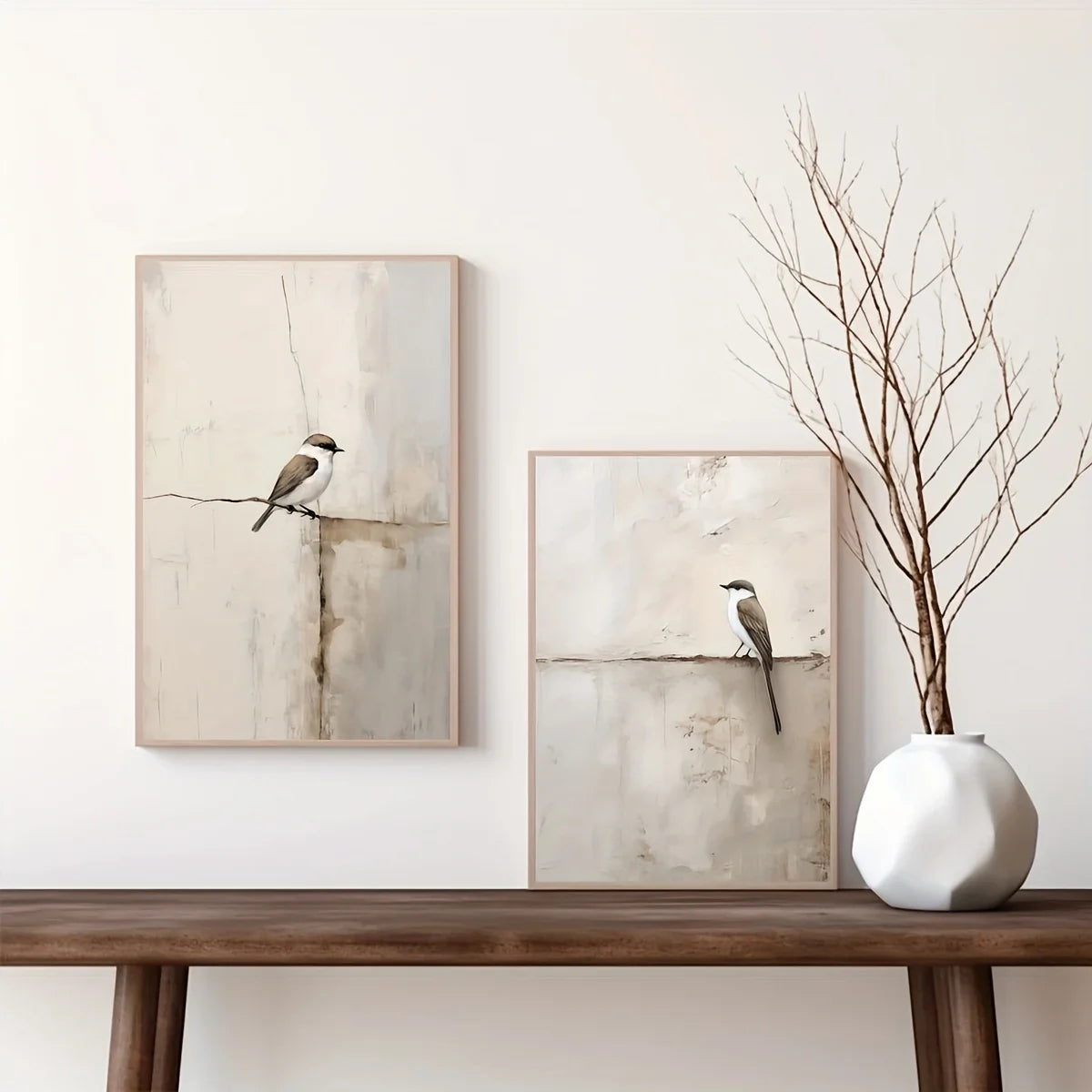 Neutral Bird Wall Art Set – Soft Beige & Gray Minimalist Bird Illustration Prints – Modern Artworks for Living Room, Entryway & Bedroom Decor