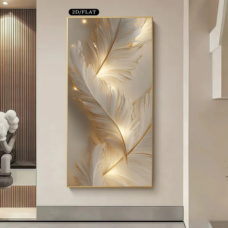 White & Gold Feather Wall Art – Soft Glowing Luxury Design – Large Unframed Canvas Print for Modern Office & Contemporary Home Décor