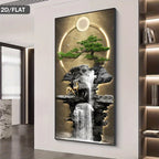 Luxury Golden Deer Waterfall Unframed Canvas Print Wall Art – Modern Zen Landscape Foyer Art with Bonsai Tree, Moon Ring & Birds