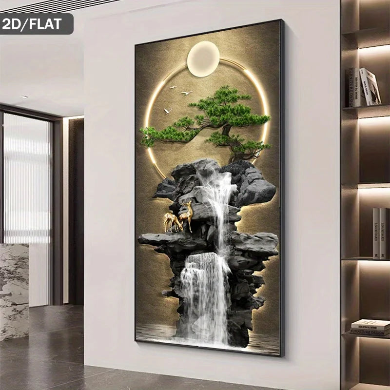 Luxury Golden Deer Waterfall Unframed Canvas Print Wall Art – Modern Zen Landscape Foyer Art with Bonsai Tree, Moon Ring & Birds
