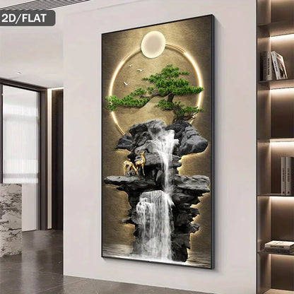Luxury Golden Deer Waterfall Unframed Canvas Print Wall Art – Modern Zen Landscape Foyer Art with Bonsai Tree, Moon Ring & Birds