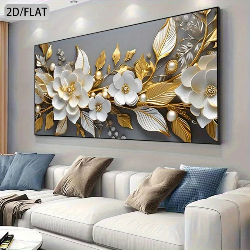 Large Unframed Canvas White Golden Floral Design, High-Quality Printing, for Living Room, Bedroom, Office Decor, Canvas Wall Art