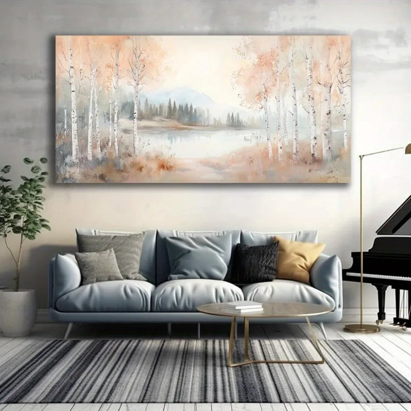 1pc Birch Lined Lake Canvas Wall Art Painting, Frameless Canvas Wall Art Picture Living Room Printing Art Office Home Decortion