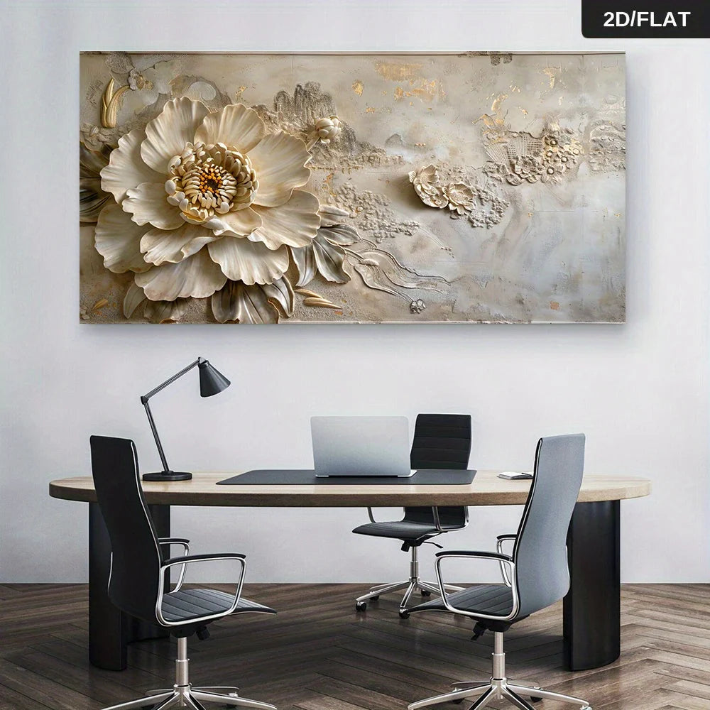 Luxury Cream Petal Relief Design Floral Canvas Print Unframed Wall Art –  Neutral Background for Modern Elegant Living Room Decor