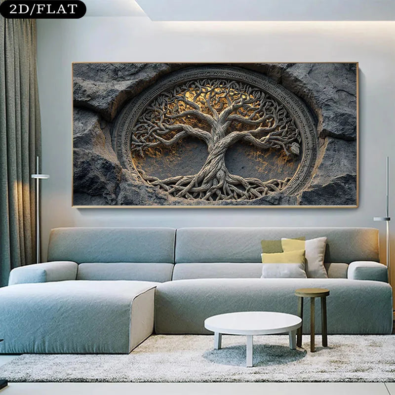 Auspicious Tree of Life Unframed Canvas Print Wall Art – Intricate Carved‑Style Roots & Branches Hewn From Stone - for Modern Living Room