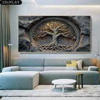 Auspicious Tree of Life Unframed Canvas Print Wall Art – Intricate Carved‑Style Roots & Branches Hewn From Stone - for Modern Living Room
