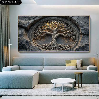 Auspicious Tree of Life Unframed Canvas Print Wall Art – Intricate Carved‑Style Roots & Branches Hewn From Stone - for Modern Living Room