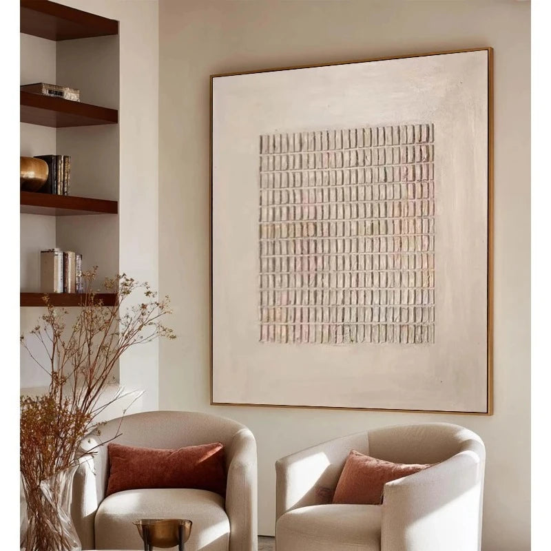 Neutral Grid Abstract Wall Art – Minimalist Beige & Cream Geometric Pattern Design – Art for Calm Living Room & Contemporary Home Decor