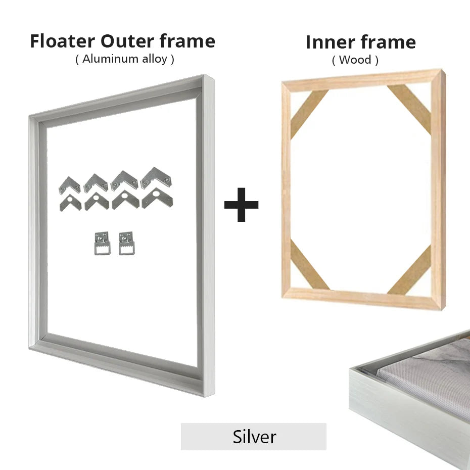 Slim Metal Bezel Floating Canvas Picture Frame Brushed Gold Silver Sizes 60x90, 50x70, 40x50cm etc DIY Framing Kit Includes Outer Metal Frame + Inner Wood Frame