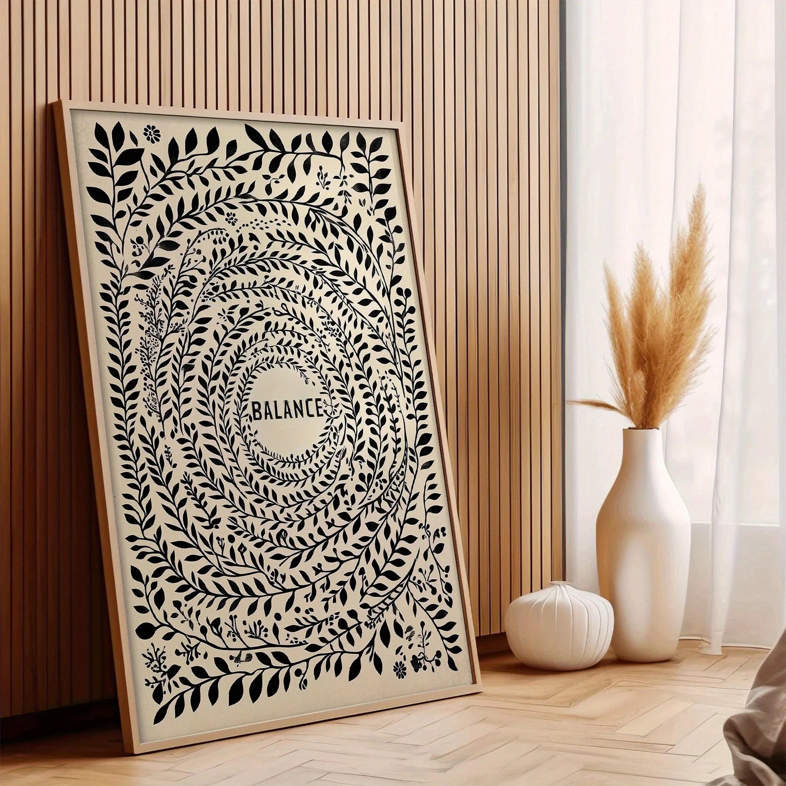 Balance Botanical Mandala Canvas Print Wall Art – Minimalist Black Leaf Circle Design on Neutral Beige Background for Modern  Home Décor
