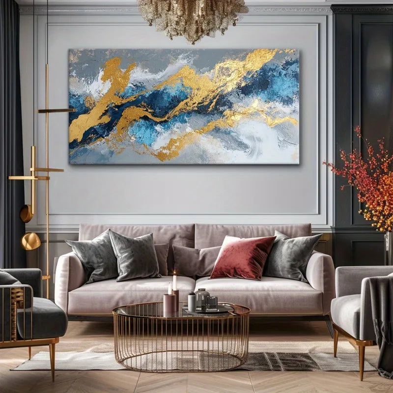 Modern Golden Blue Abstract Canvas Wall Art Frameless Print, for Living Room, Bedroom, Office, Dining Room, High Quality Canvas