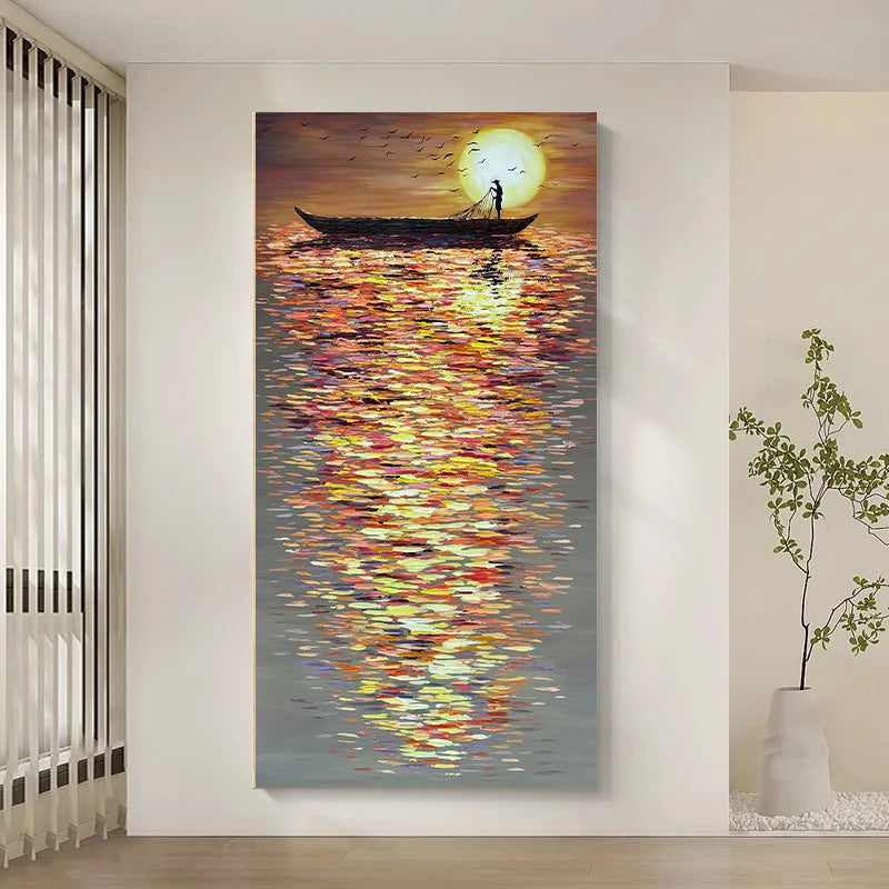 Sunset Boat Reflection Wall Art – Vibrant Impressionist Water & Horizon Scene – Colorful Unframed Canvas Print for Modern Living Room Decor