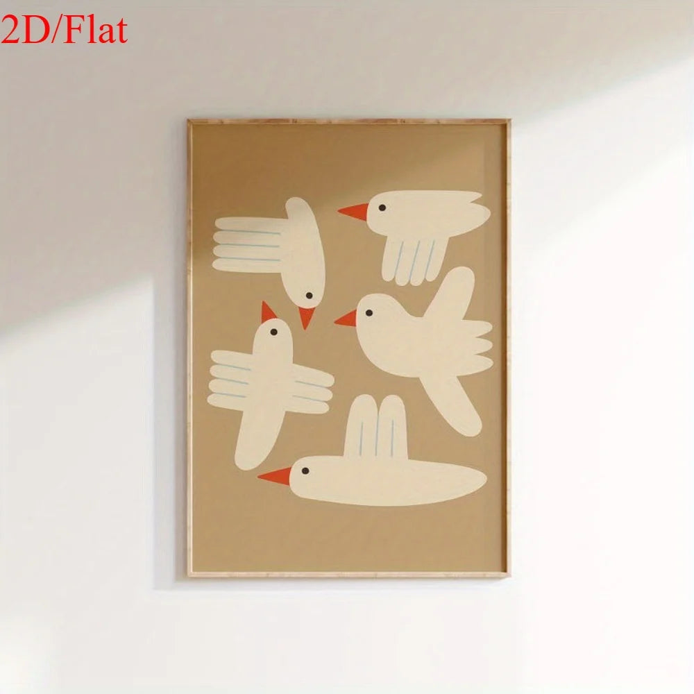 Minimalist White Bird Wall Art – Modern Geometric Tan Background Illustration – Playful Canvas Print for Modern Nursery Kids’ Room Decor