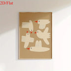Minimalist White Bird Wall Art – Modern Geometric Tan Background Illustration – Playful Canvas Print for Modern Nursery Kids’ Room Decor