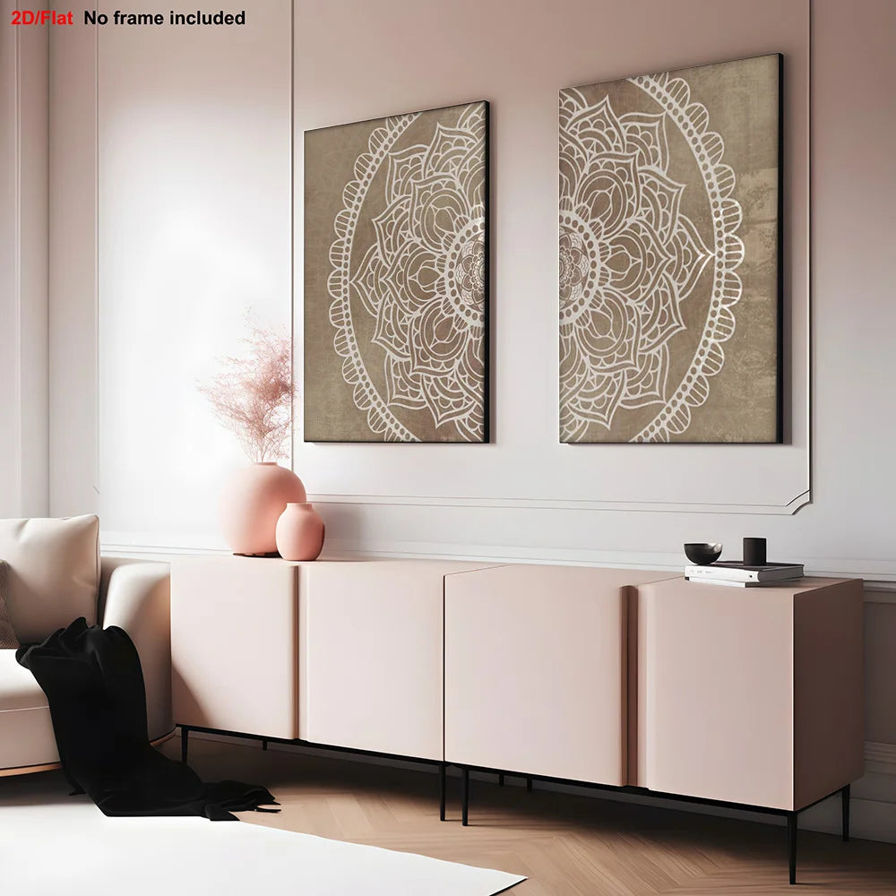 Boho White Mandala Canvas Print Set – Neutral Beige Unframed Wall Art for Modern Living Room, Bedroom & Scandinavian Minimalist Home Décor