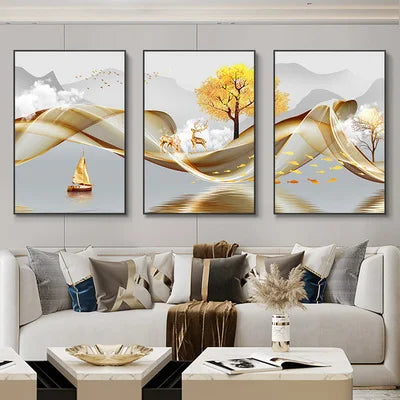 Set of 3 Pcs Flowing Abstract Auspicious Landscape Wall Art Fine Art Canvas Prints - Triptych Artworks For Living Room Dining Room Art For Home Office Decor