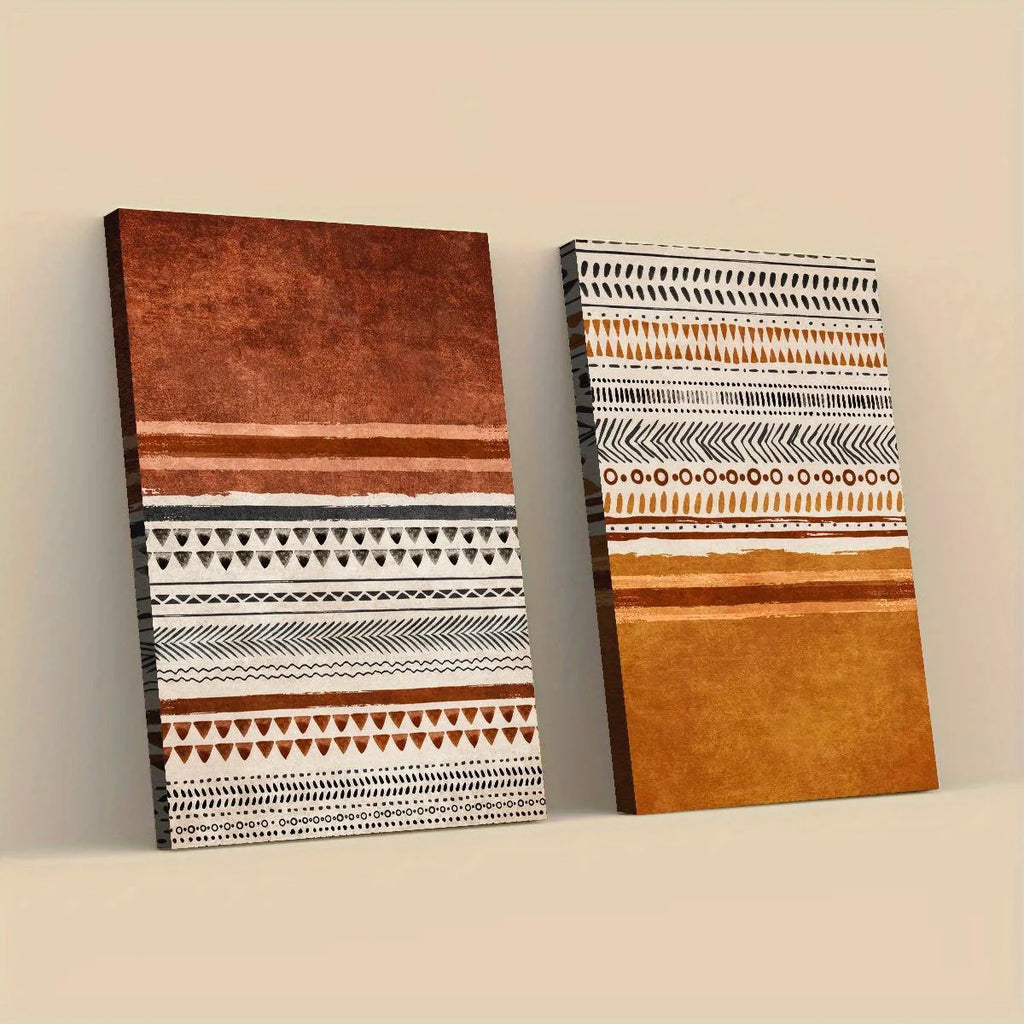 Earth‑Tone Geometric Wall Art Unframed Canvas Print – Modern Tribal‑Inspired Abstract Patterns & Minimalist Striped Design - 2Pcs Set