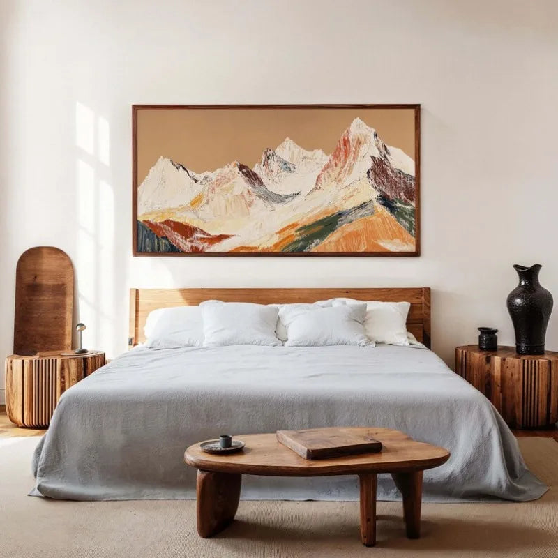 Large Abstract Sunrise Mountain Landscape Canvas Print Wall Art – Warm Orange & Brown Artwork for Modern Apartment Home Decor