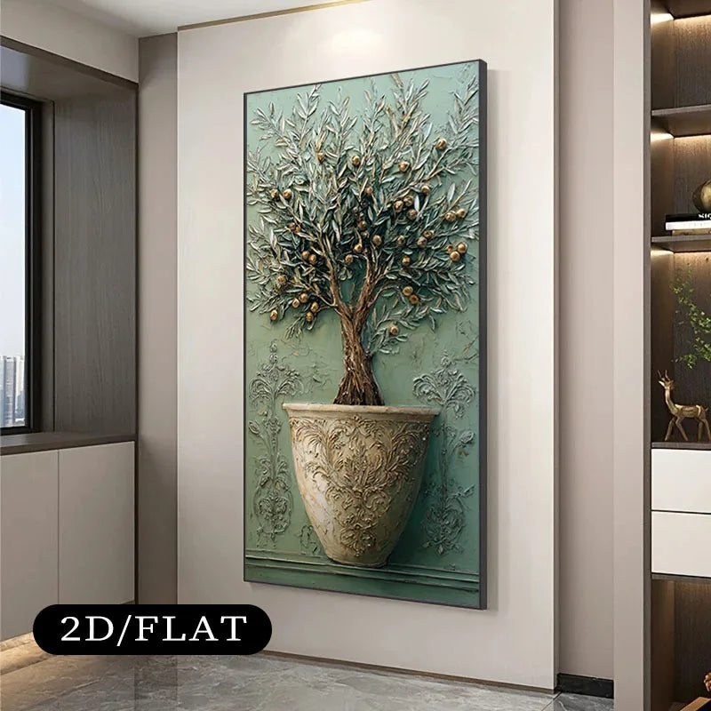 Elegant Terracotta Olive Tree Canvas Wall Art – Neutral Botanical Artwork With Ornate Vase & Sculptural Detailing For Modern Entryway Foyer