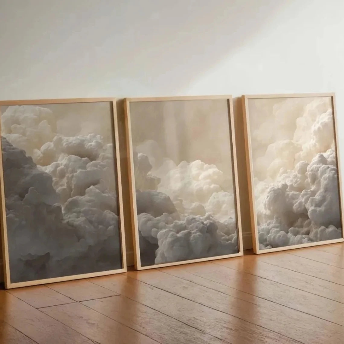 Soft Neutral Cloudscape Wall Art Set – Atmospheric Gray & Cream Sky Panorama – Canvas Prints for Minimalist Living Room Decor