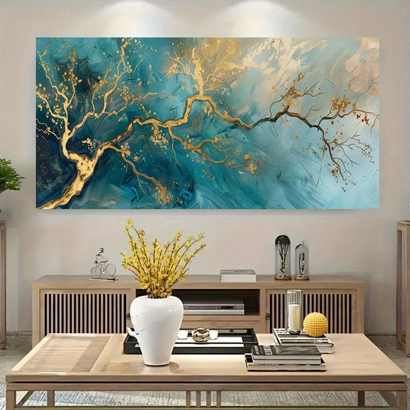 Modern Blue & Teal Abstract Canvas Wall Art – Swirling Contemporary Design with Metallic Gold Branch Accents – Luxury Statement Piece