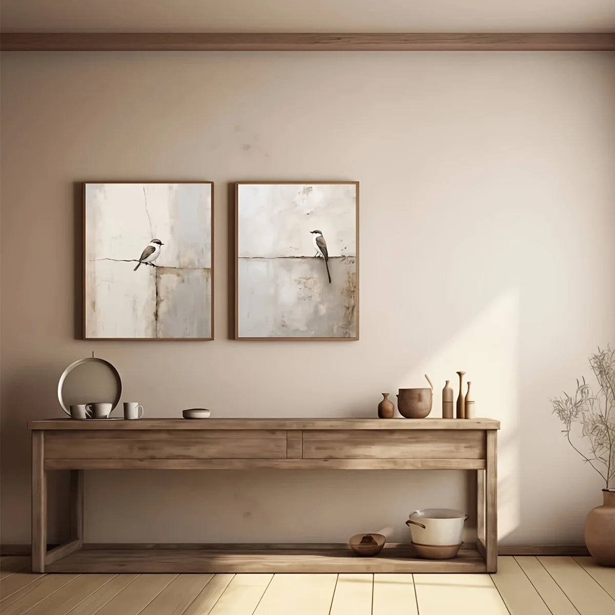 Neutral Bird Wall Art Set – Soft Beige & Gray Minimalist Bird Illustration Prints – Modern Artworks for Living Room, Entryway & Bedroom Decor