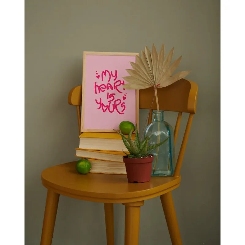Pink Romantic Quote Wall Art – Handwritten “My Heart Is Yours” Typography – Modern Minimalist Unframed Canvas Print for Bedroom