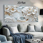 Elegant Floral Goddess Woman Wall Art – White & Golden Flower Hair Design – Canvas Print Artwork for Hair & Beauty Salon and Spa Wall Décor