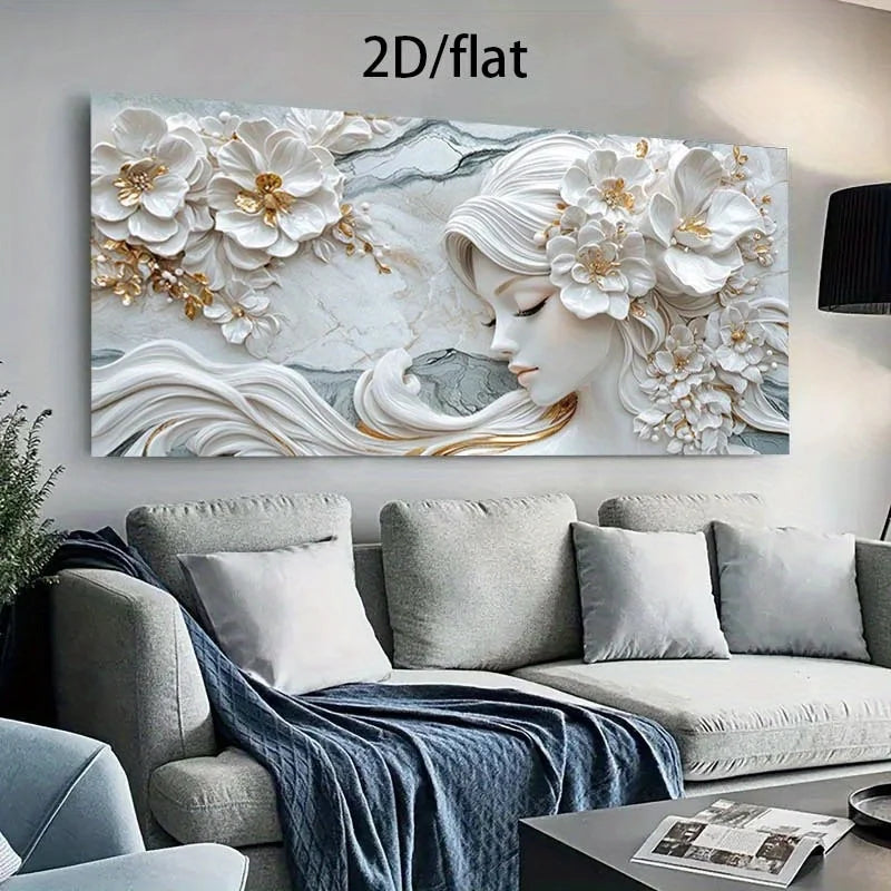 Elegant Floral Goddess Woman Wall Art – White & Golden Flower Hair Design – Canvas Print Artwork for Hair & Beauty Salon and Spa Wall Décor