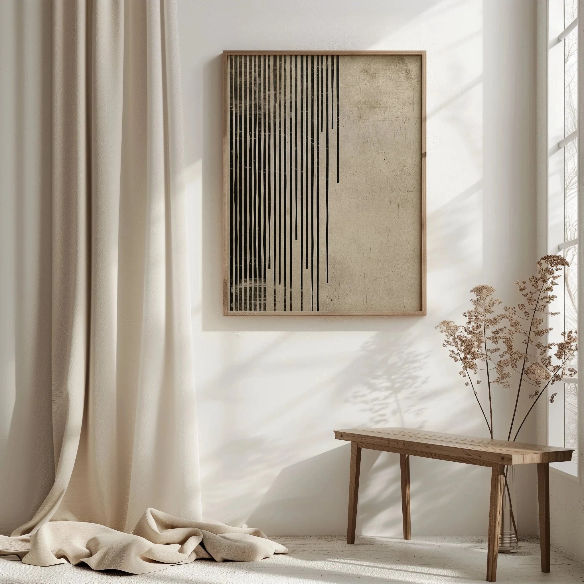 Modern Minimalist Zen Line Art Canvas Print – Black Vertical Brushstroke Design on Neutral Beige Background - Art for Modern Living