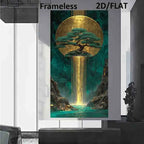 Golden Waterfall Auspicious Wall Art Unframed Canvas Print – Surreal Golden Sun & Turquoise Nature Scene for Modern Living Room Foyer Decor
