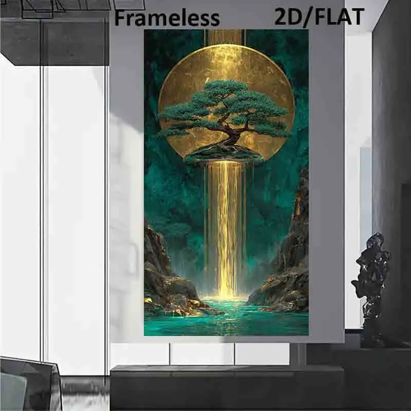 Golden Waterfall Auspicious Wall Art Unframed Canvas Print – Surreal Golden Sun & Turquoise Nature Scene for Modern Living Room Foyer Decor