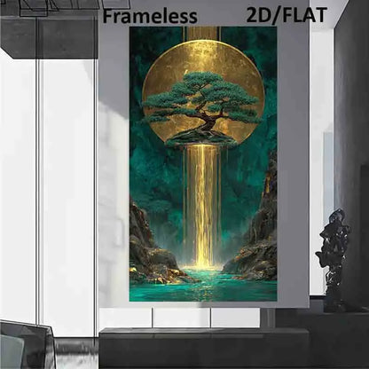 Golden Waterfall Auspicious Wall Art Unframed Canvas Print – Surreal Golden Sun & Turquoise Nature Scene for Modern Living Room Foyer Decor