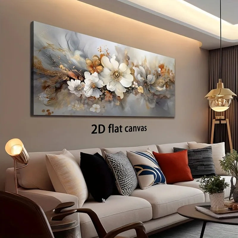 Canvas Wall Art Golden White Flowers Modern Abstract Painting Frameless Picture Living Room Bedroom Office Home Decoration