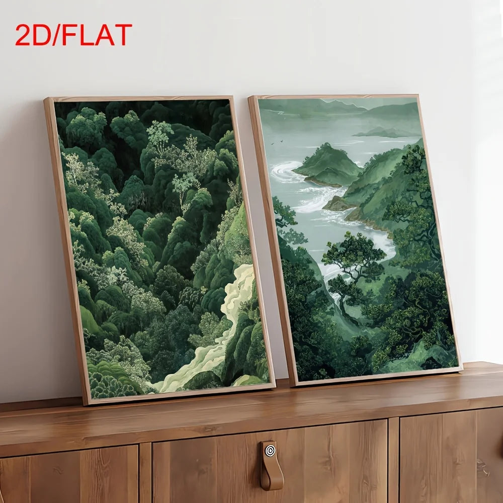 Green Zen Forest & Coastal Landscape Canvas Print Set – Nature Scenic Wall Art with Lush Trees, Hills & Ocean Views for Living Room