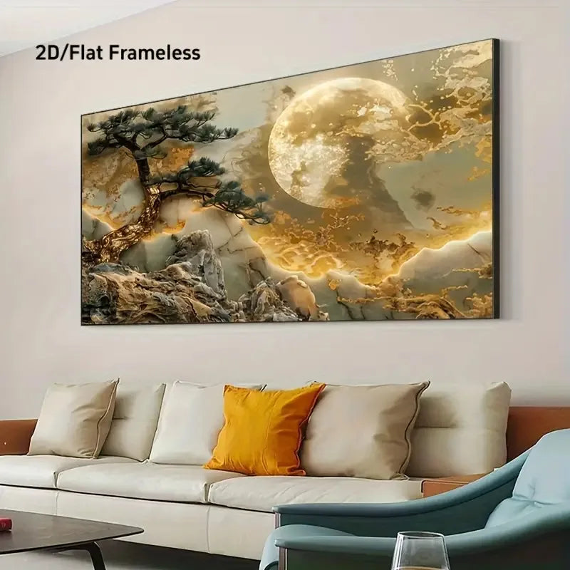Luxury Moonlit Landscape Canvas Wall Art – Golden Clouds, Abstract Tree & Rocky Terrain Design For Modern Apartment Living Room