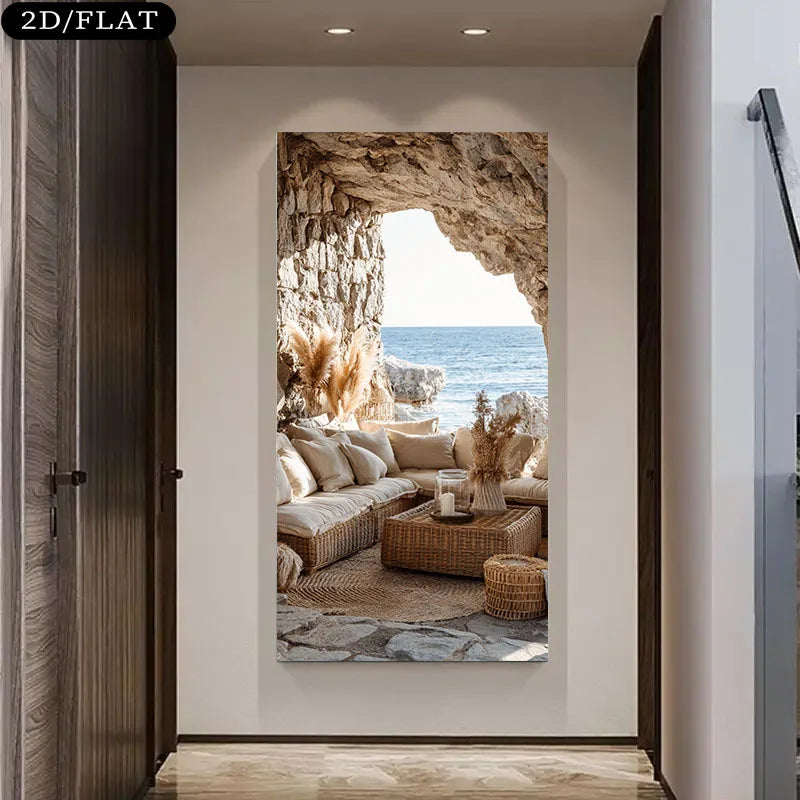 Coastal Cave Lounge Canvas Wall Art – Relaxing Ocean View – Modern Landscape Art For Contemporary Living Room & Apartment Foyer Decor