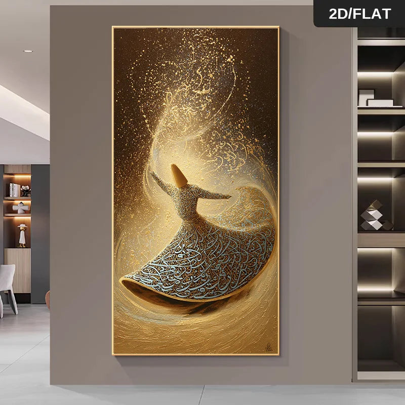 Elegant Whirling Dervish Wall Art Unframed – Sufi Dance Calligraphic Design in Gold & Brown for Modern Hallway and Spiritual Home Decor