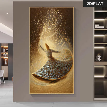 Elegant Whirling Dervish Wall Art Unframed – Sufi Dance Calligraphic Design in Gold & Brown for Modern Hallway and Spiritual Home Decor