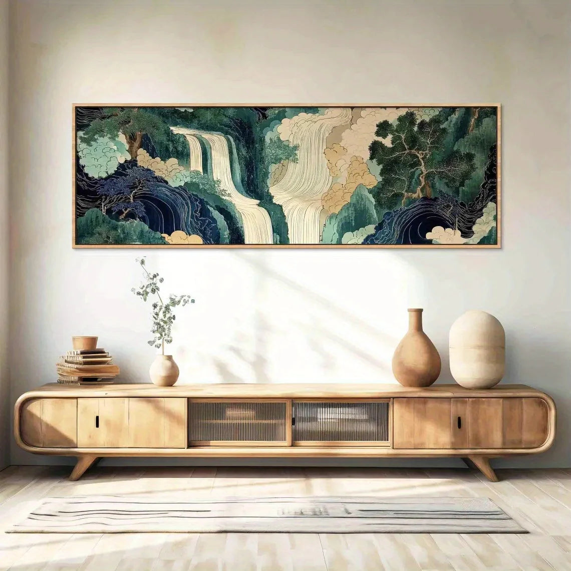 Vintage Abstract Japanese Waterfall Landscape Wall Art – Serene Green & Blue Nature Scene – Unframed Canvas Print for Modern Bedroom Décor