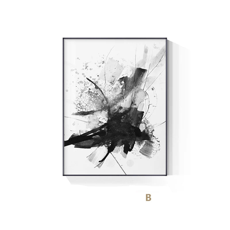 Abstract Ink Splash Black & White Wall Art Fine Art Canvas Prints - Pictures For Modern Apartment Living Room Dining Room Office Meeting Room Art For Contemporary Interiors