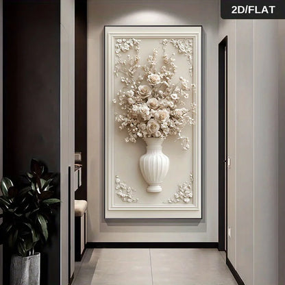Abstract Floral Vase Wall Art Unframed Canvas Print – Cream 3D‑Style Botanical Relief Design for Modern Elegant Foyer Decor
